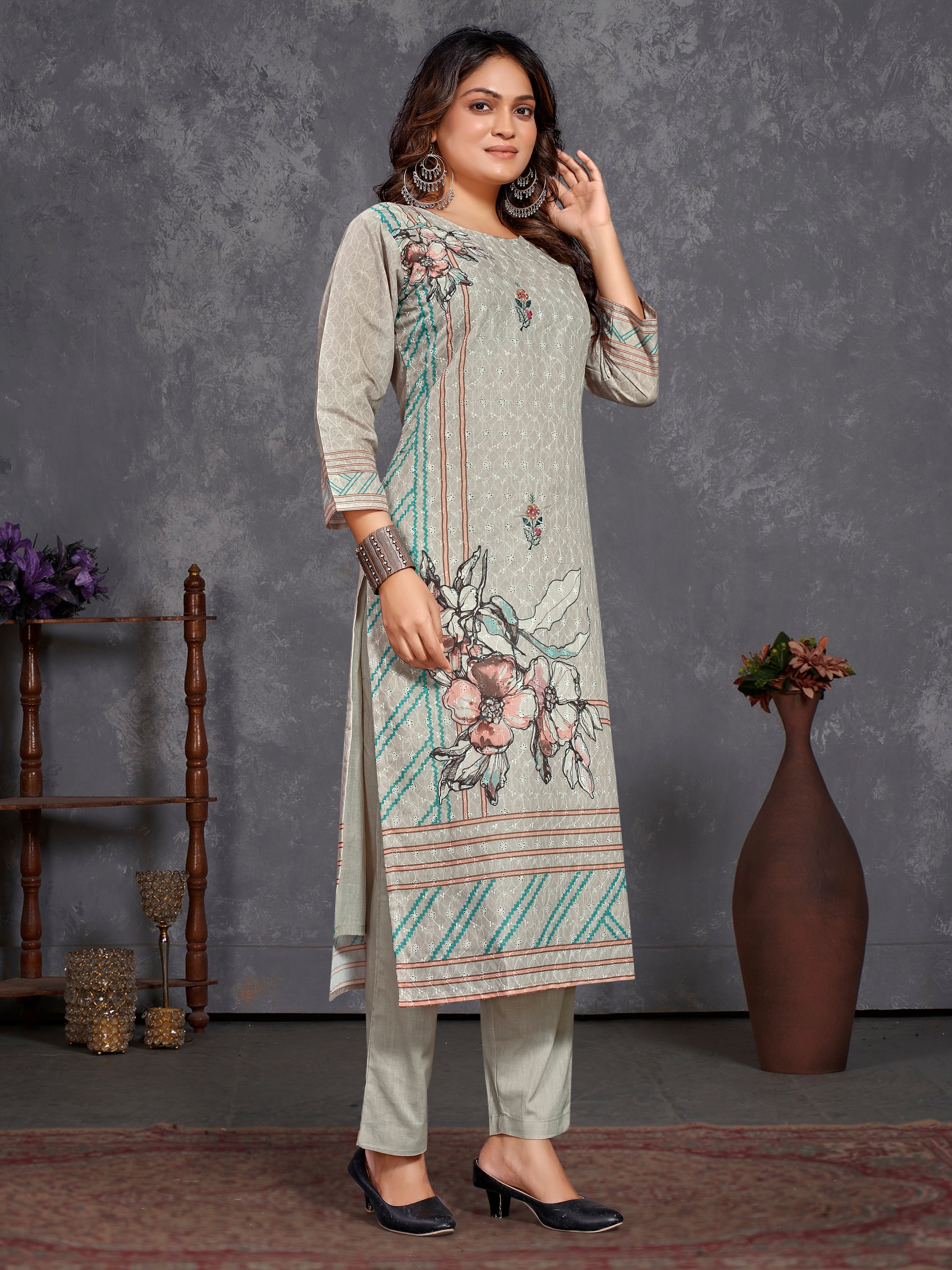 Brown Cotton Siplhi Three Pcs Suit With Pure Mal Dupatta