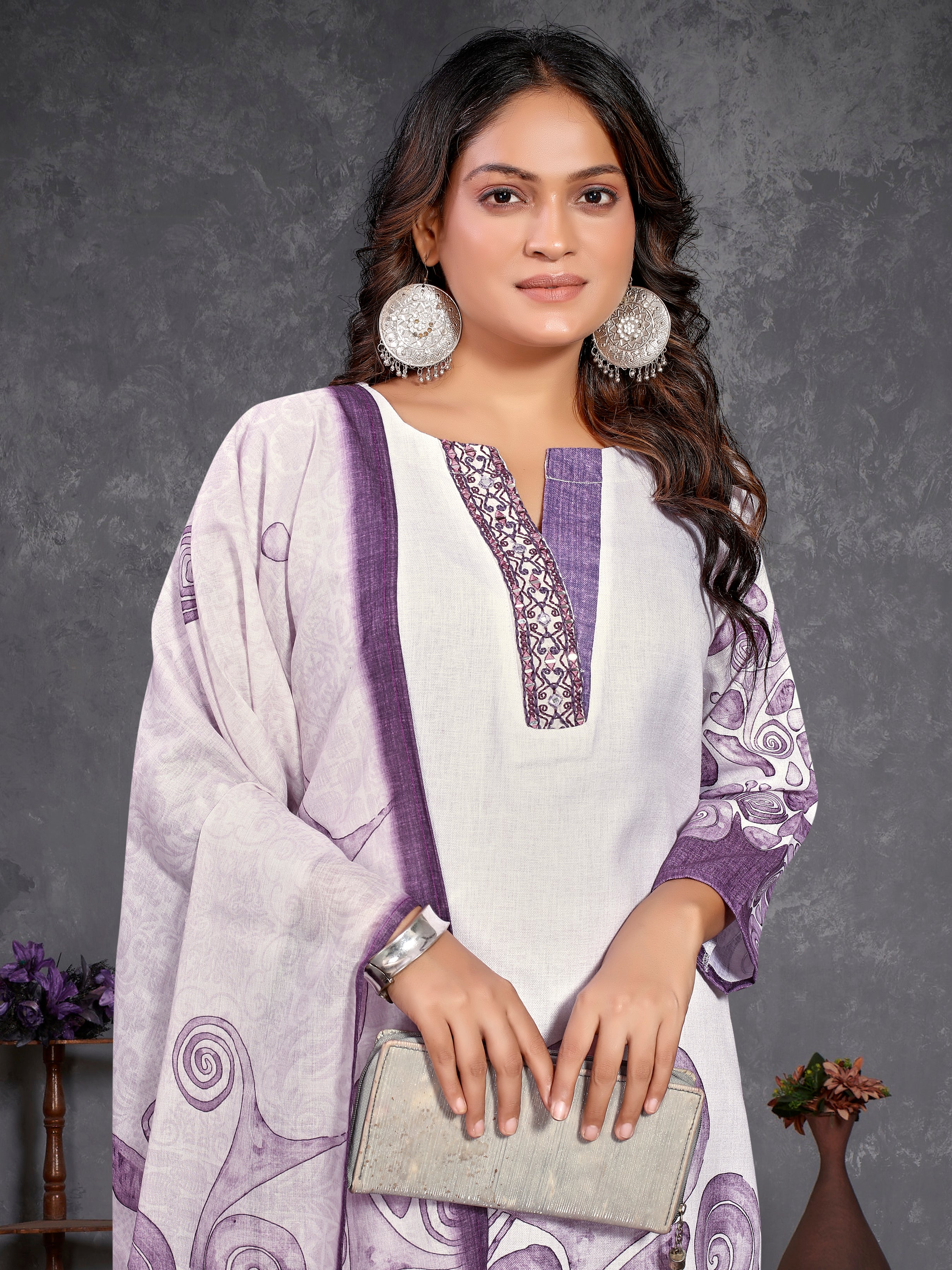 Cream Pure Linen  Three Pcs Suit With Pure Mal Dupatta
