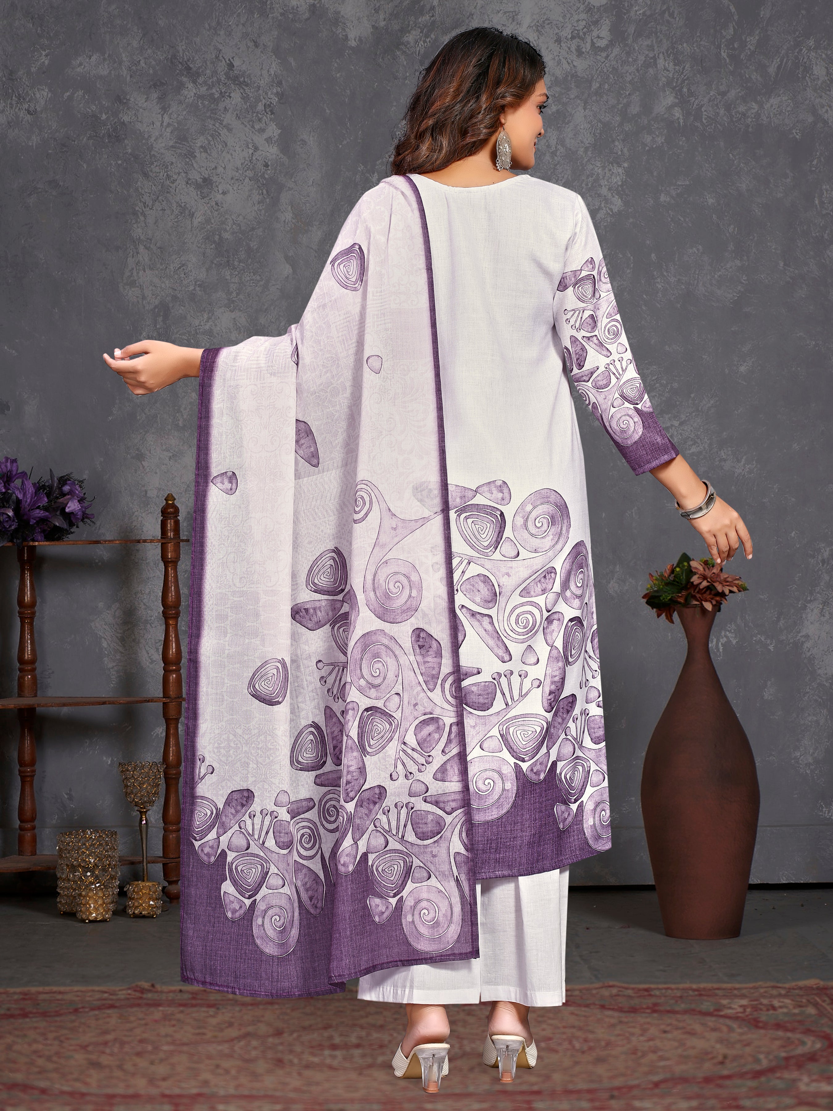 Cream Pure Linen  Three Pcs Suit With Pure Mal Dupatta