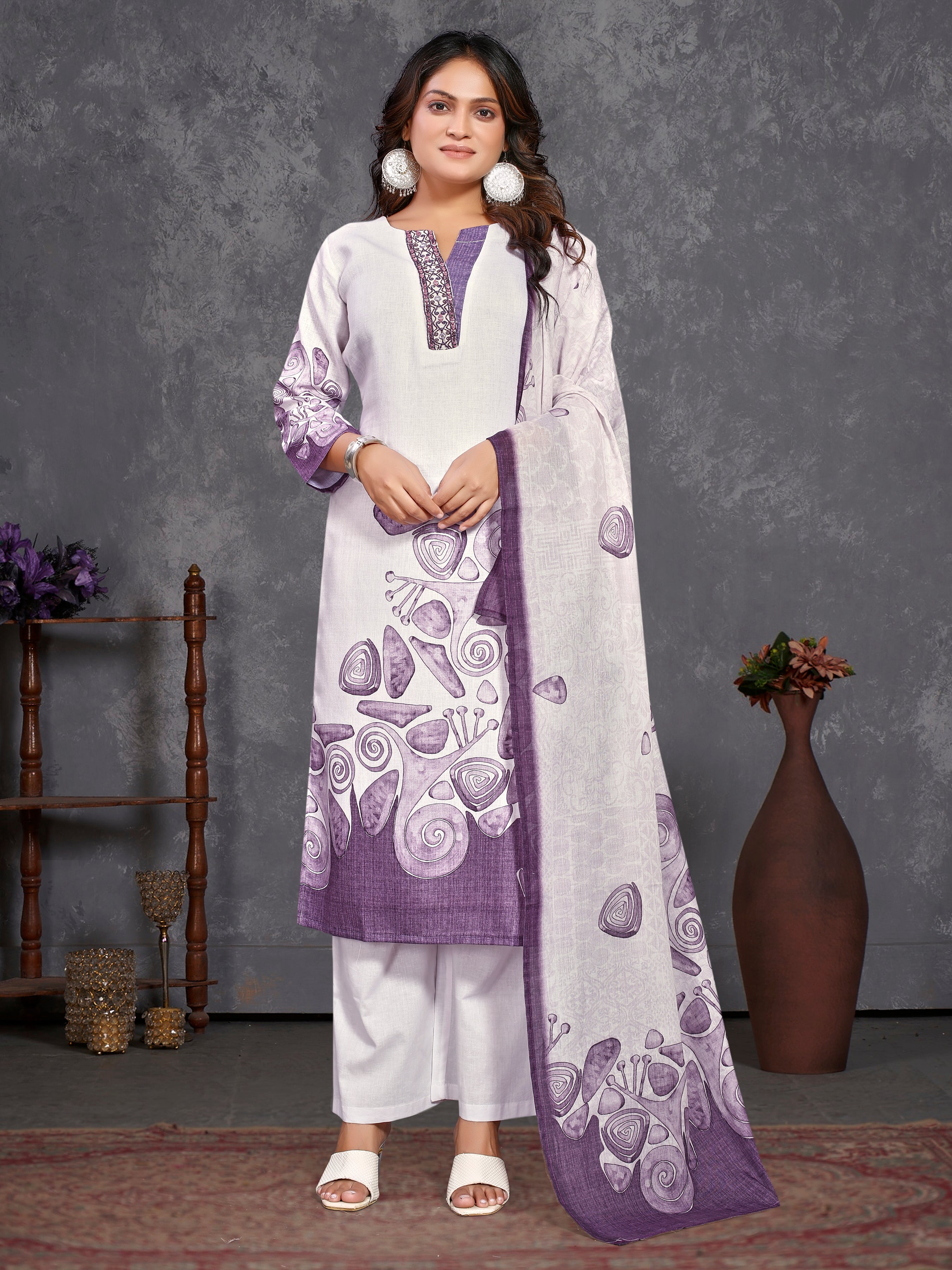Cream Pure Linen  Three Pcs Suit With Pure Mal Dupatta