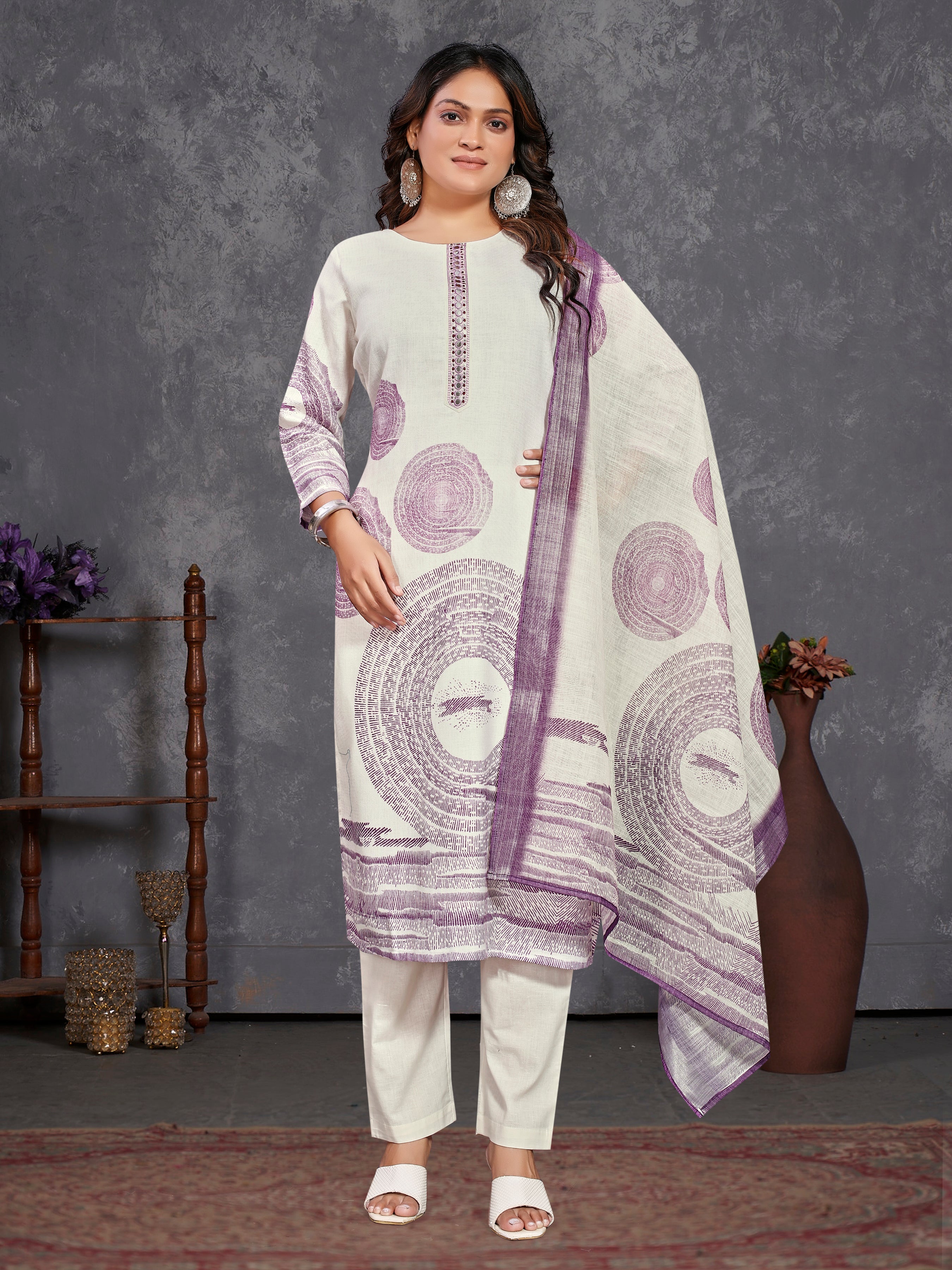 Cream Pure Linen  Three Pcs Suit With Pure Mal Dupatta