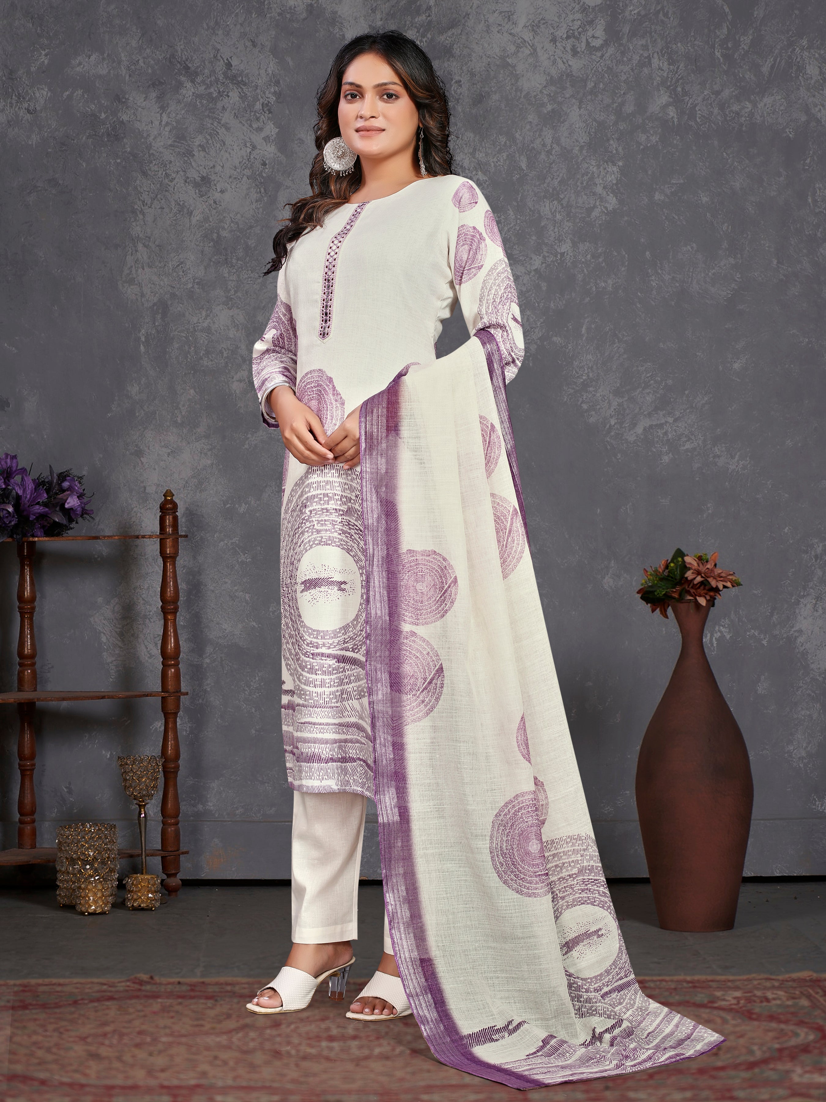 Cream Pure Linen  Three Pcs Suit With Pure Mal Dupatta
