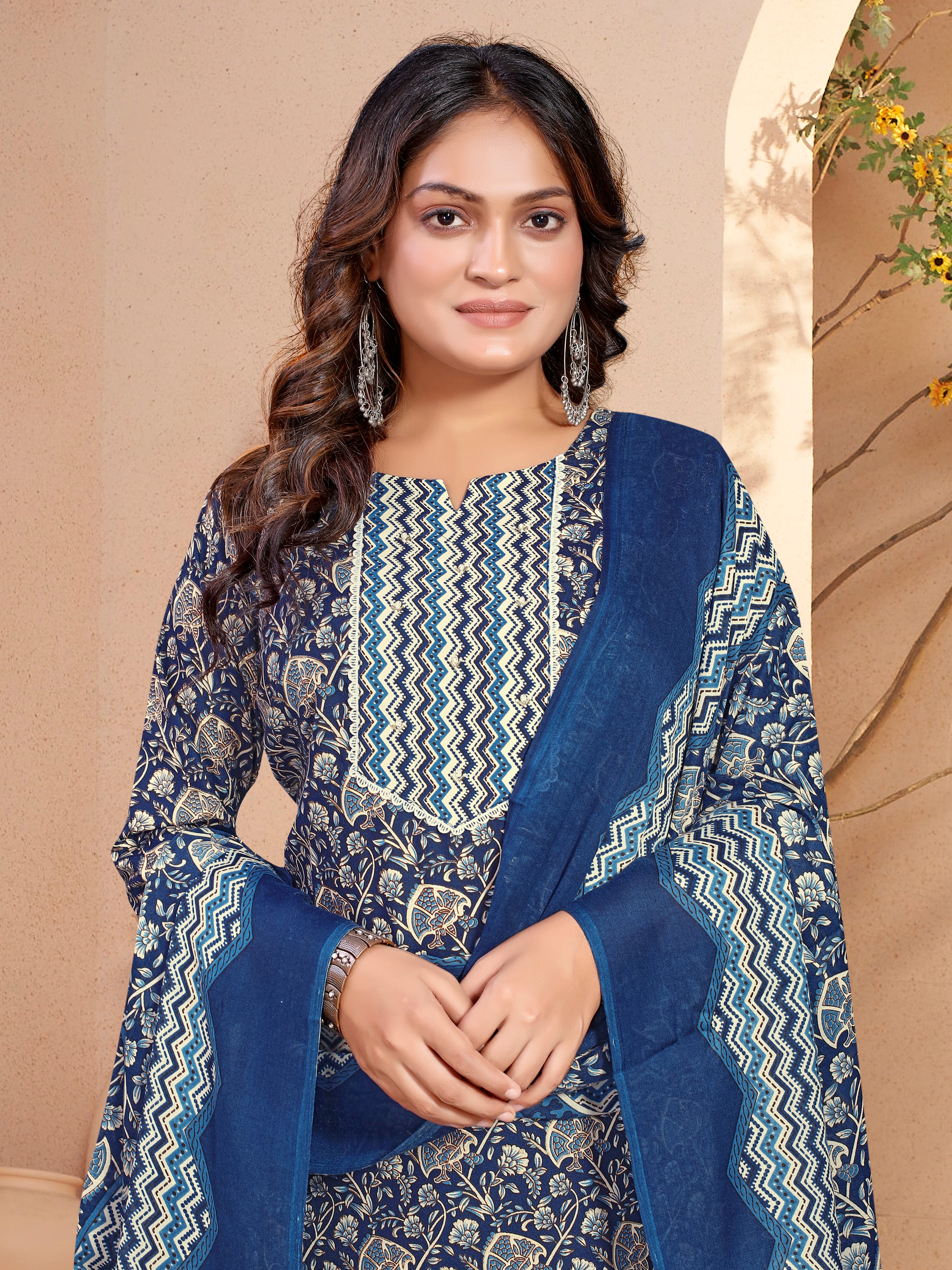 Blue Cambric Cotton Three Pcs Suit With Pure Mal Dupatta