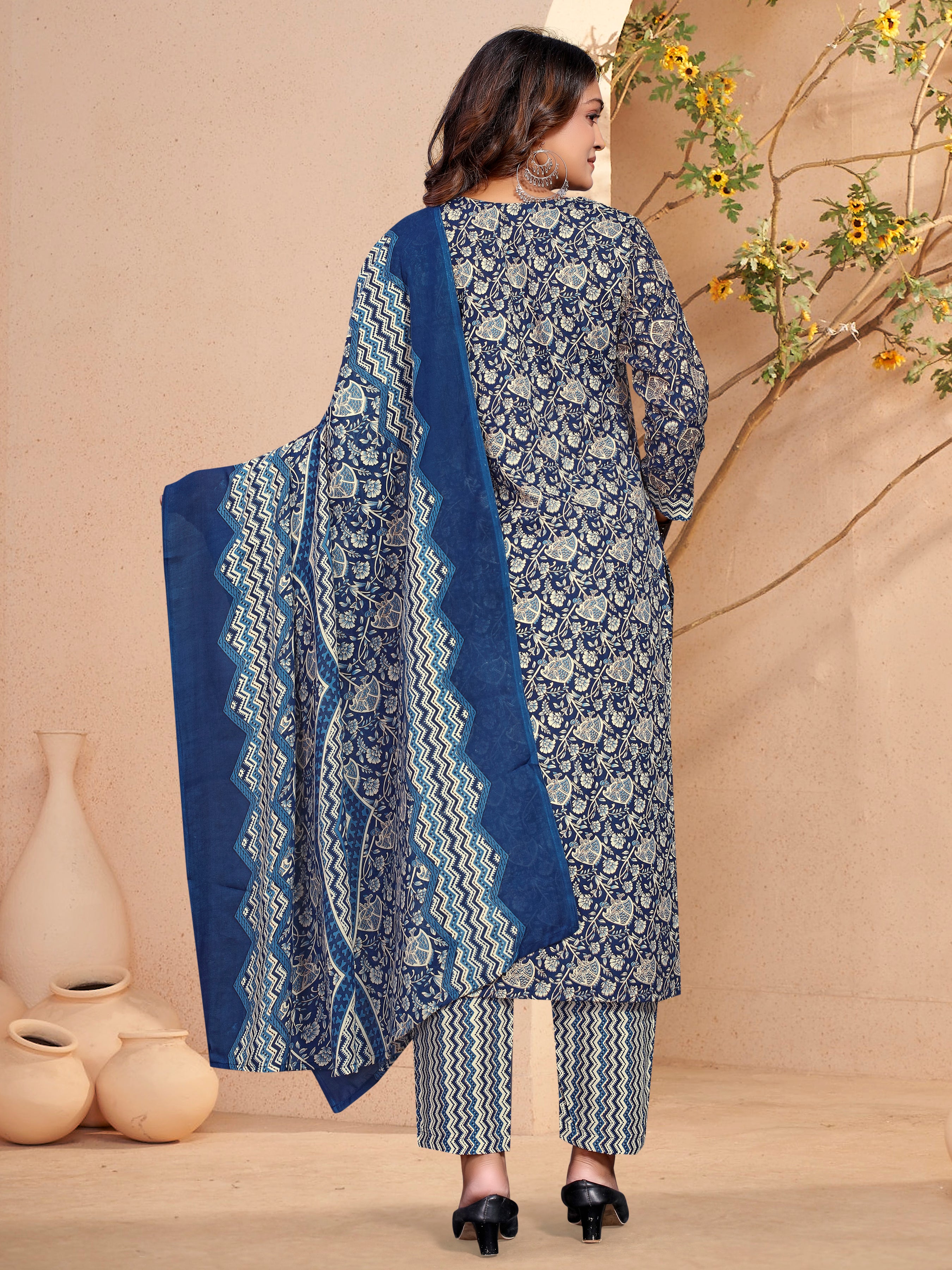 Blue Cambric Cotton Three Pcs Suit With Pure Mal Dupatta