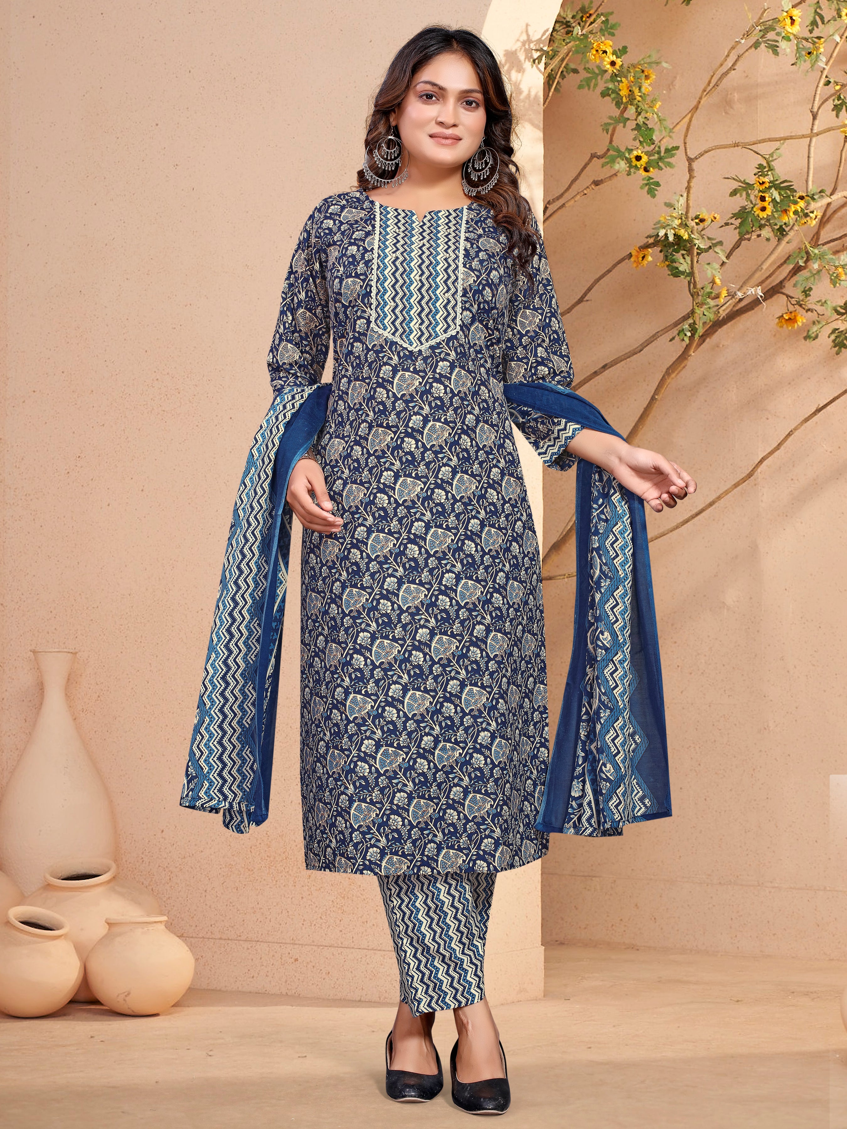 Blue Cambric Cotton Three Pcs Suit With Pure Mal Dupatta