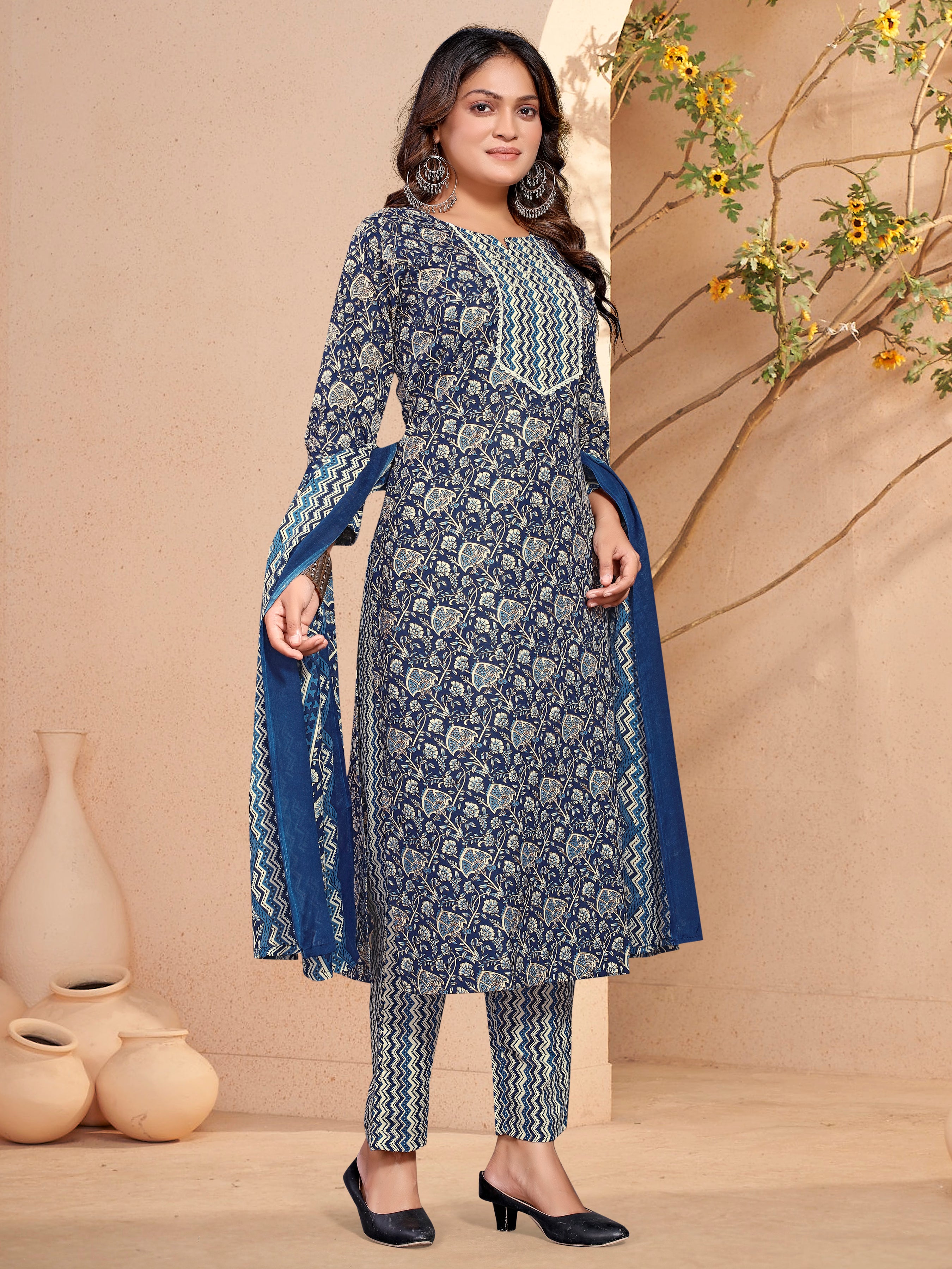 Blue Cambric Cotton Three Pcs Suit With Pure Mal Dupatta