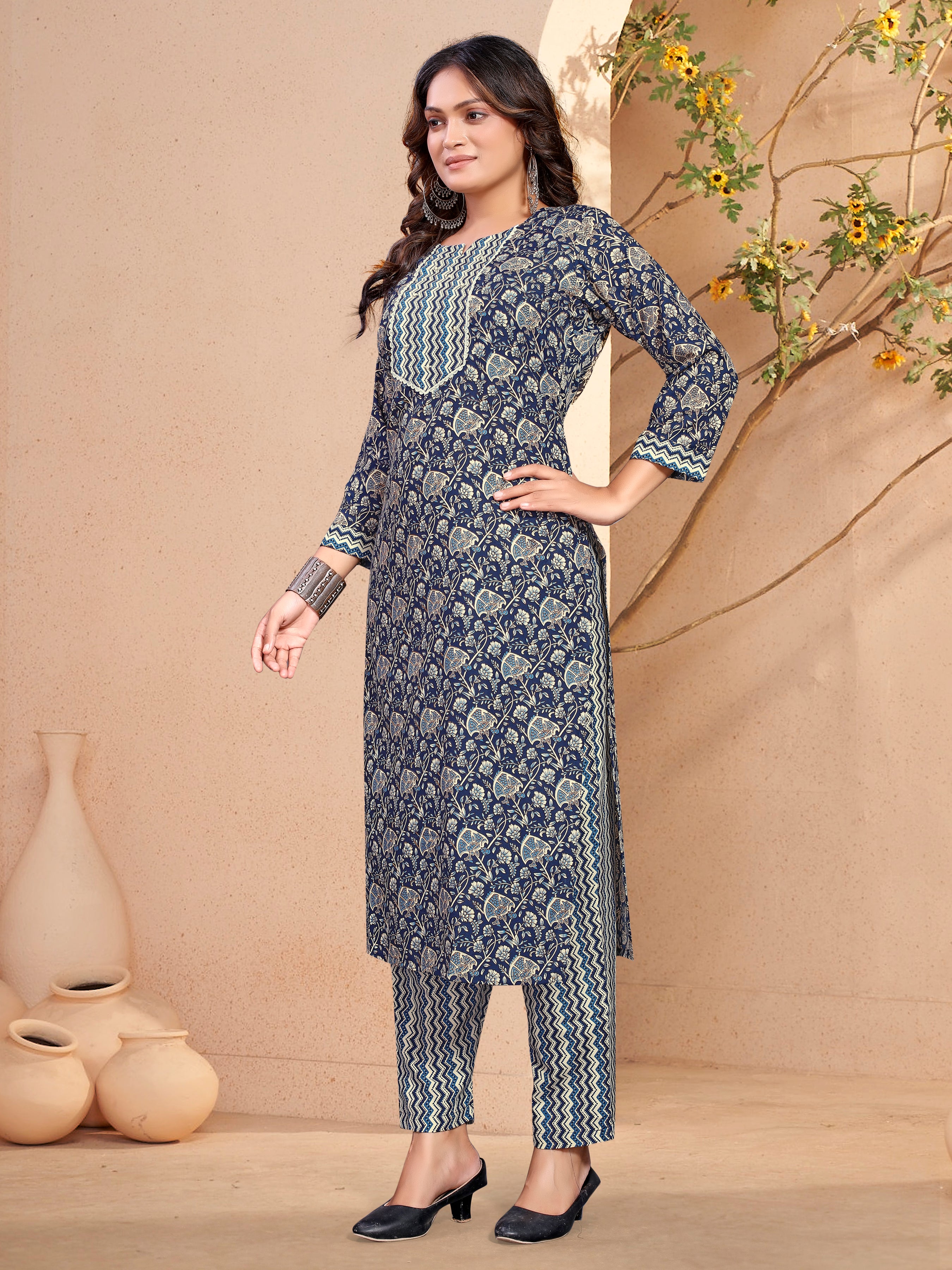 Blue Cambric Cotton Three Pcs Suit With Pure Mal Dupatta
