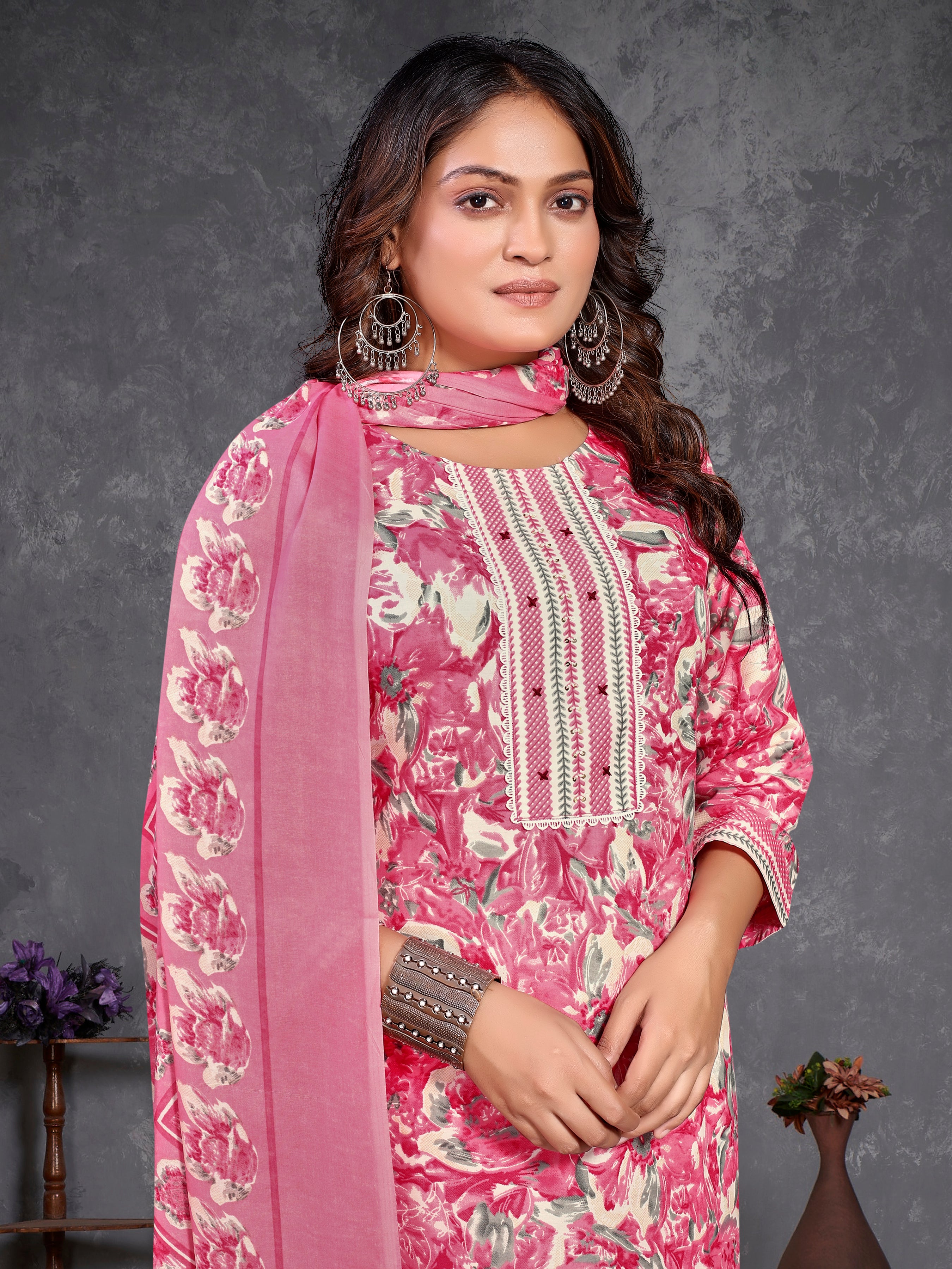 Pink Cambric Cotton Three Pcs Suit With Pure Mal Dupatta