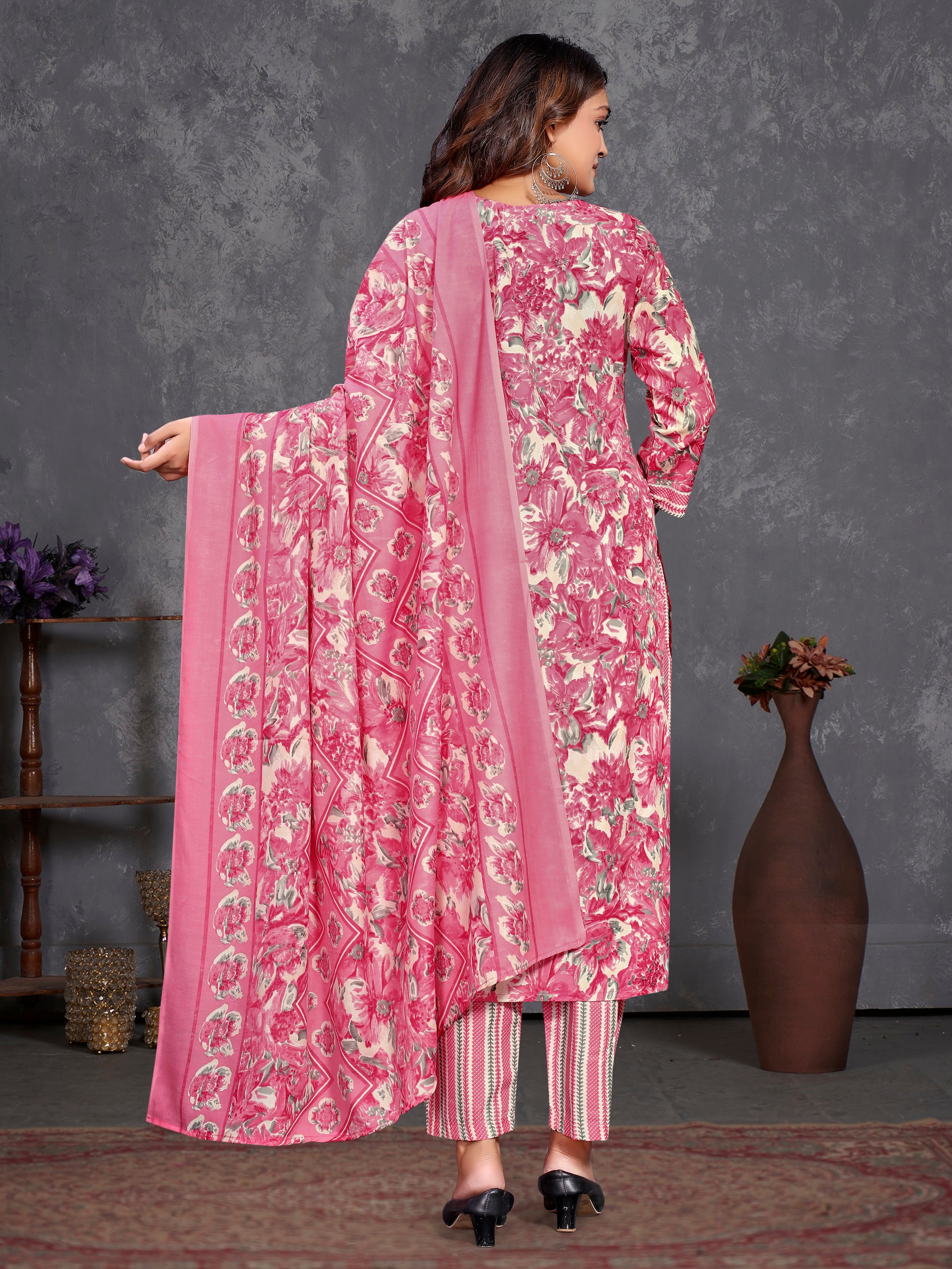 Pink Cambric Cotton Three Pcs Suit With Pure Mal Dupatta