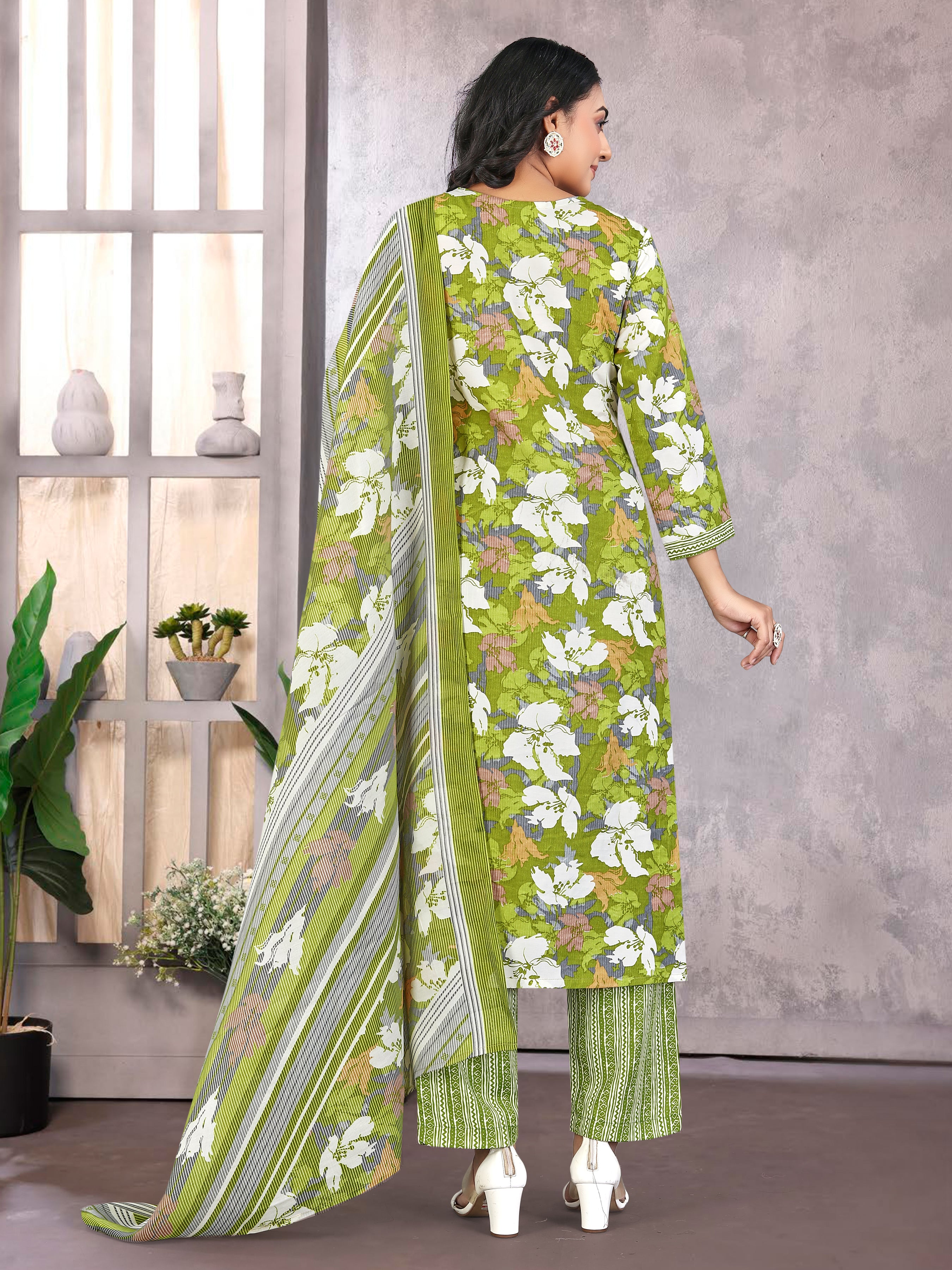 Green Pure Cambric  Cotton 3 Pcs Suit