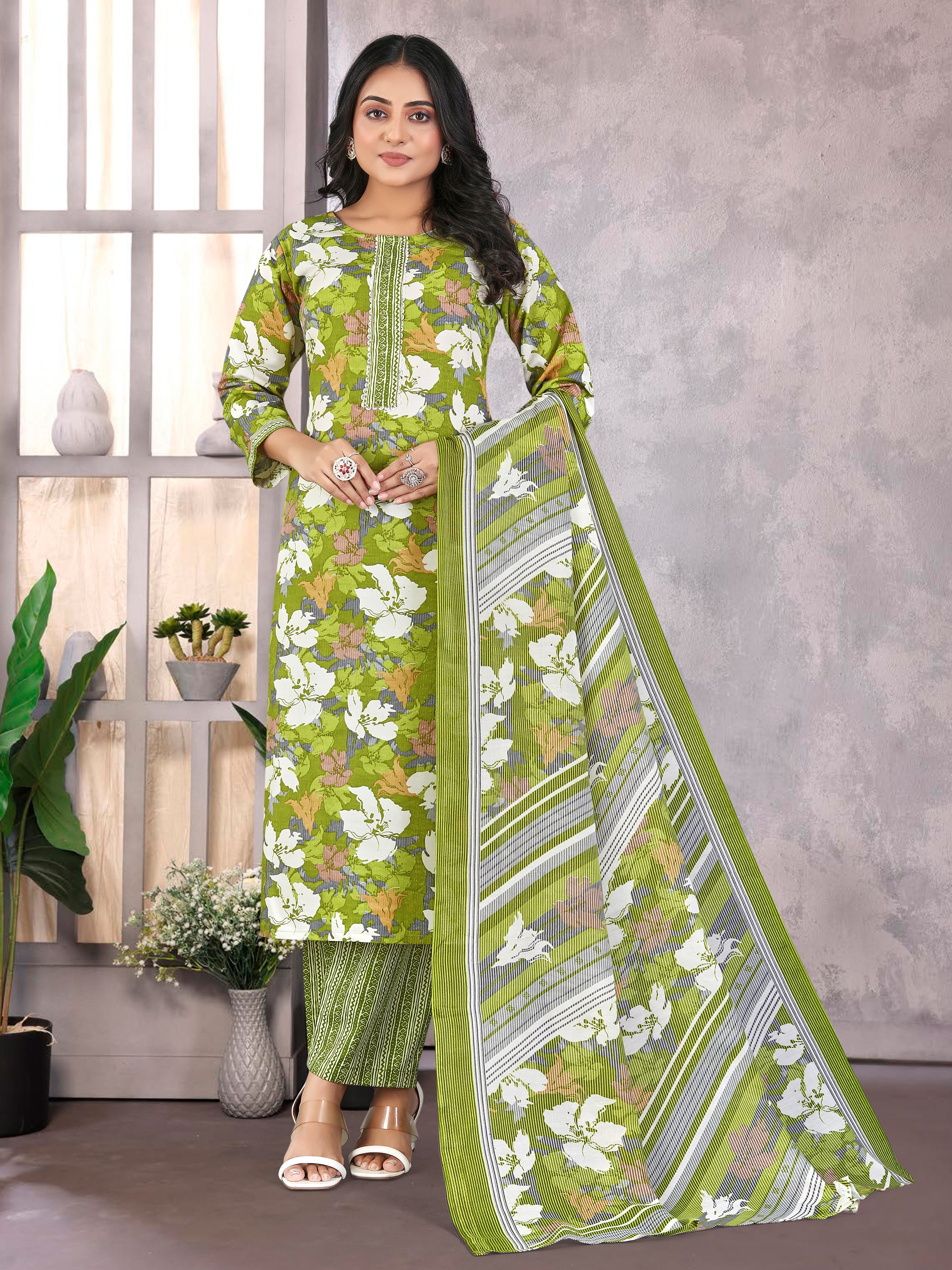 Green Pure Cambric  Cotton 3 Pcs Suit