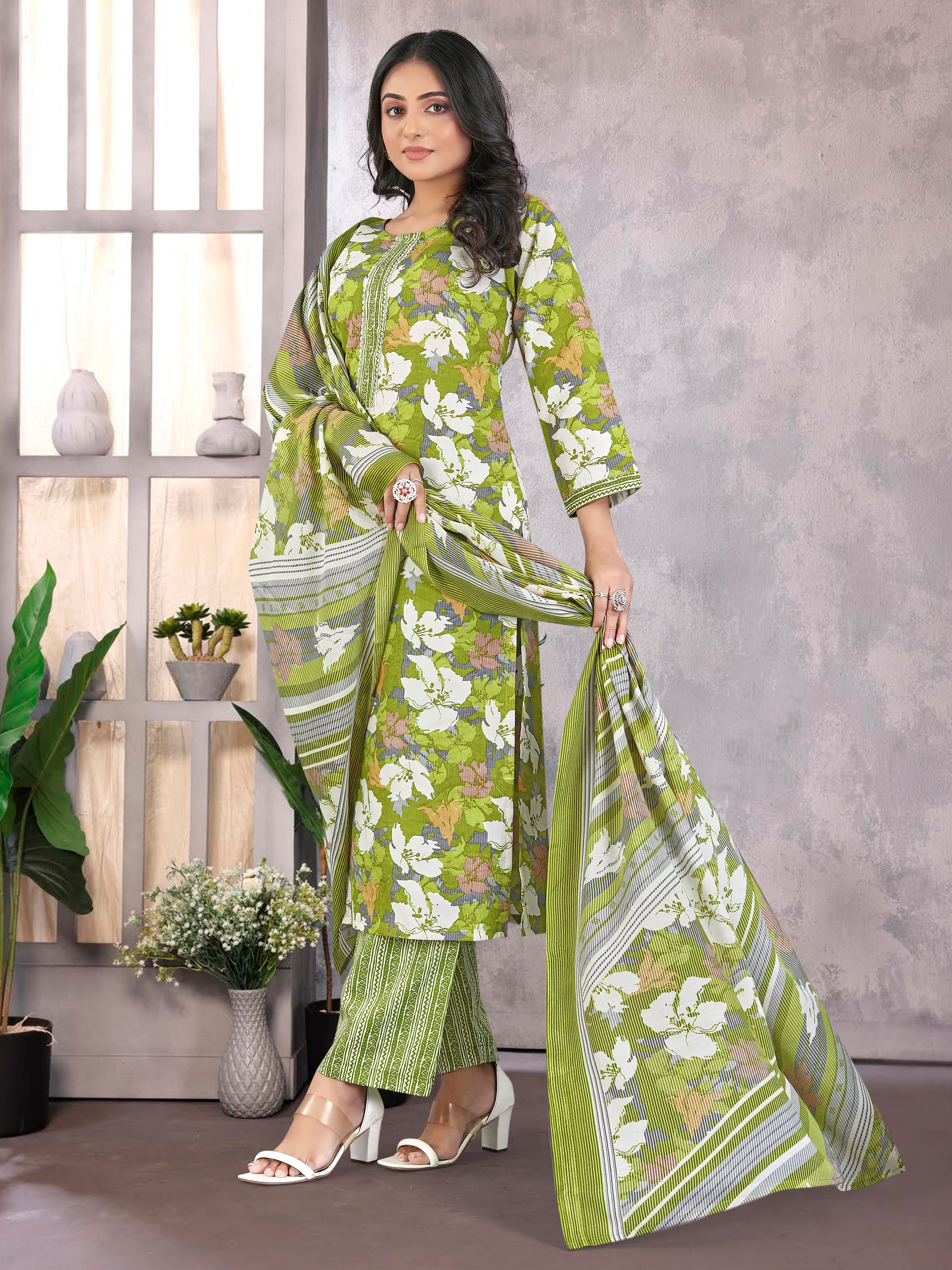 Green Pure Cambric  Cotton 3 Pcs Suit