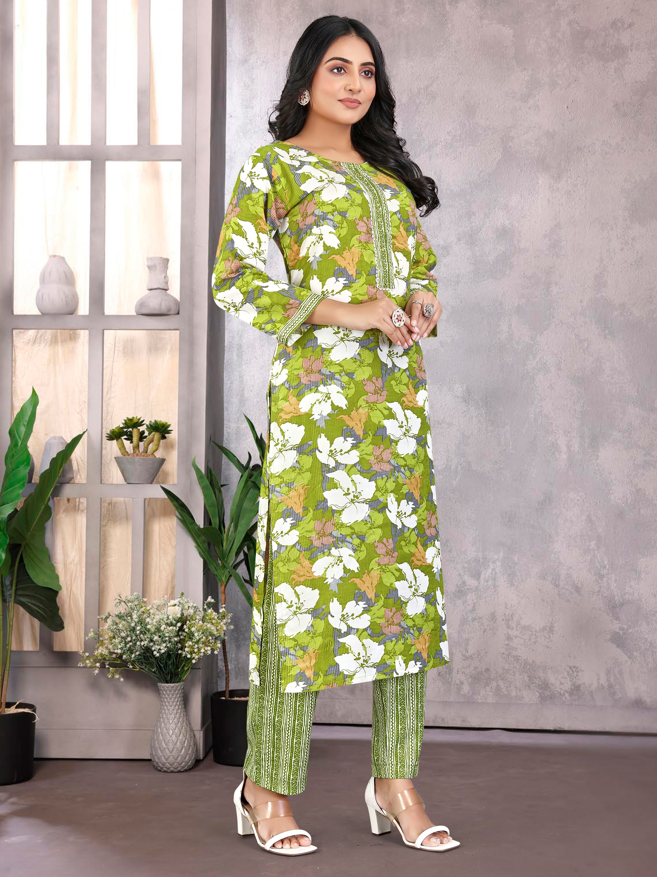 Green Pure Cambric  Cotton 3 Pcs Suit