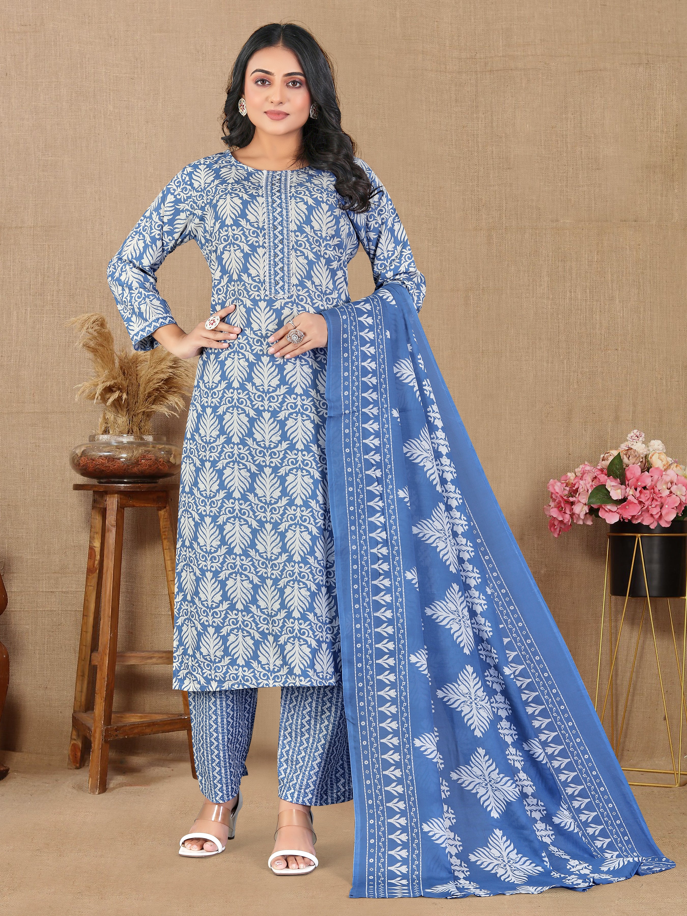 Blue Pure Cotton 3 Pcs Suit