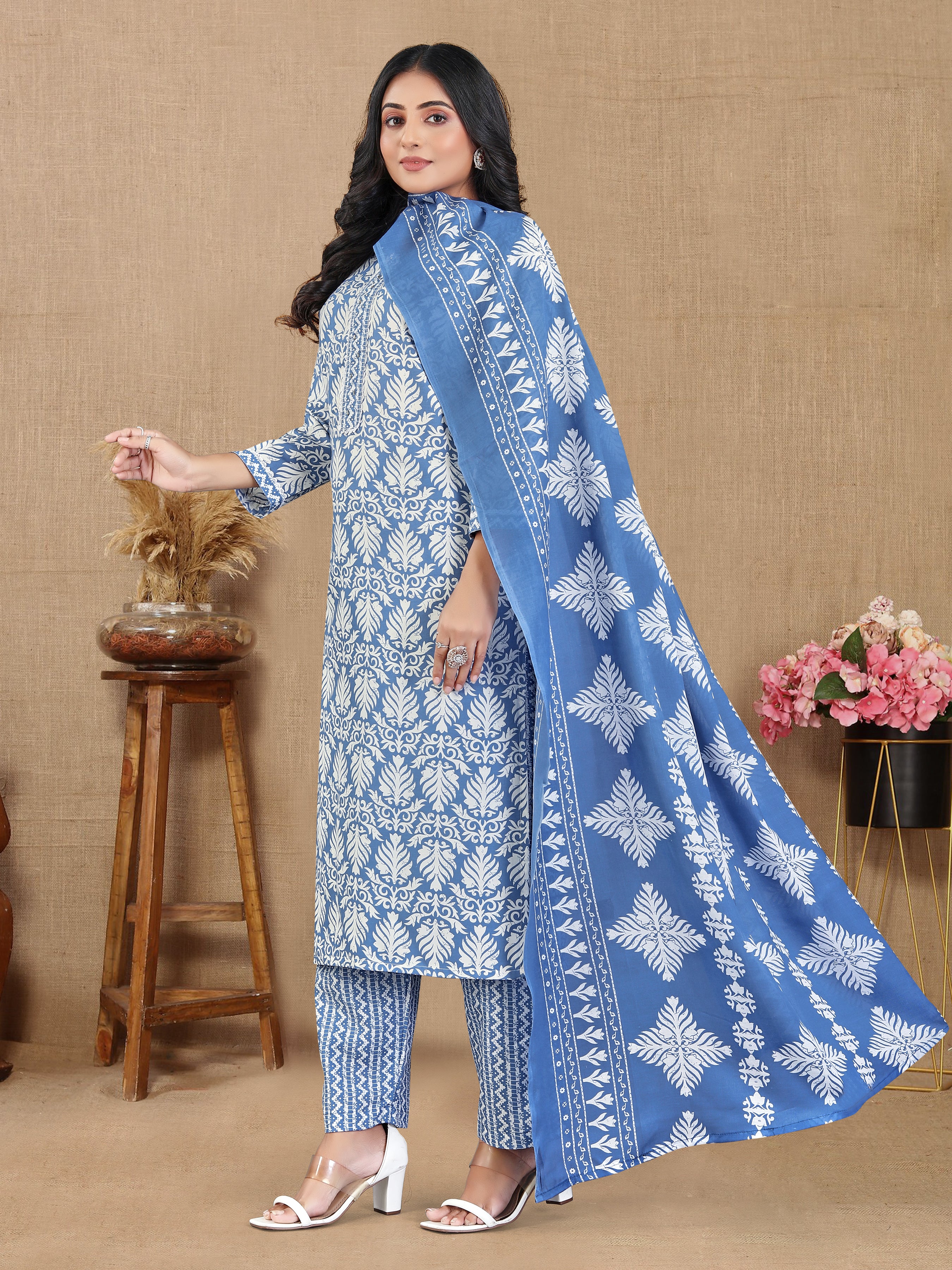 Blue Pure Cotton 3 Pcs Suit