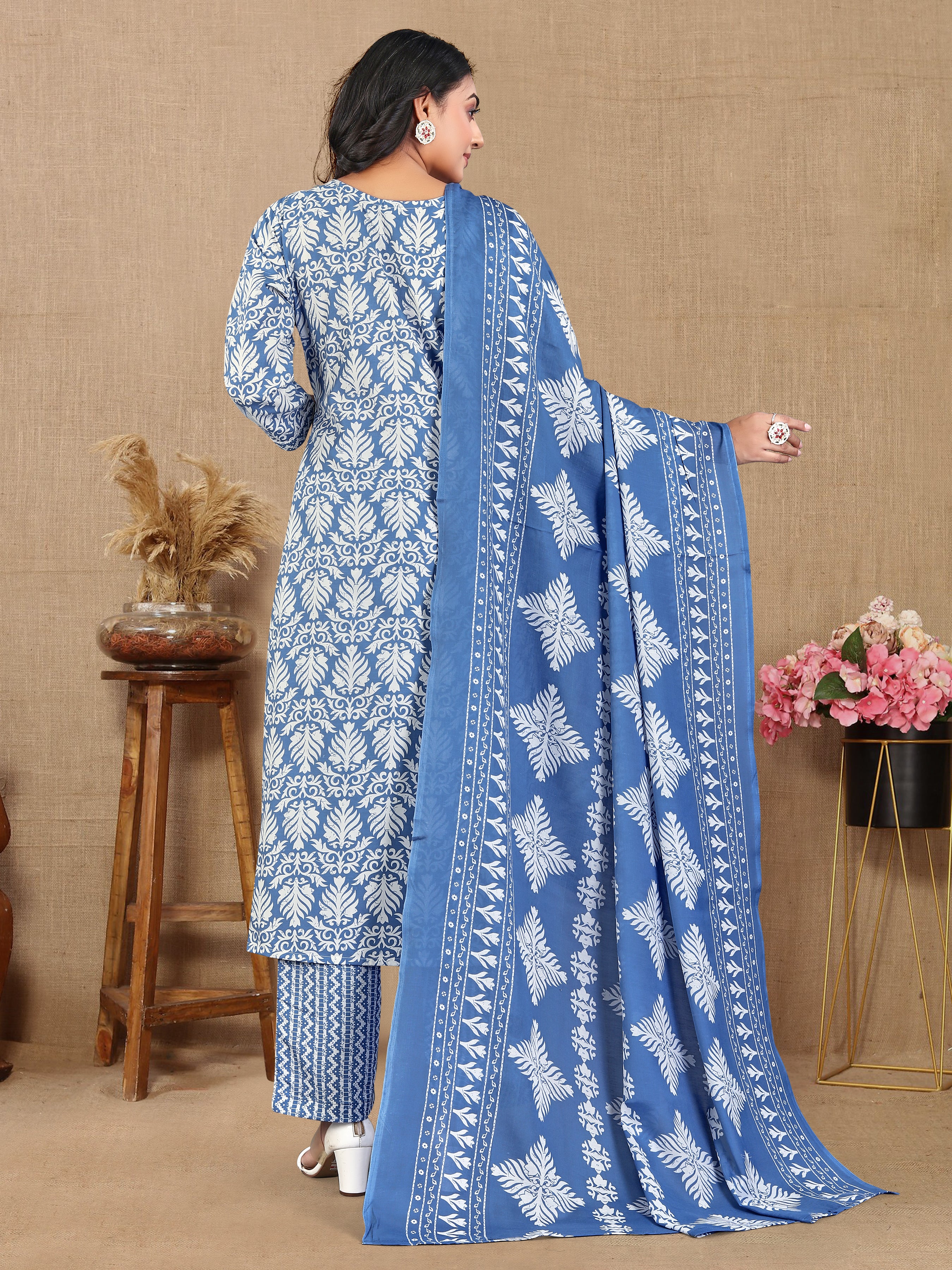 Blue Pure Cotton 3 Pcs Suit