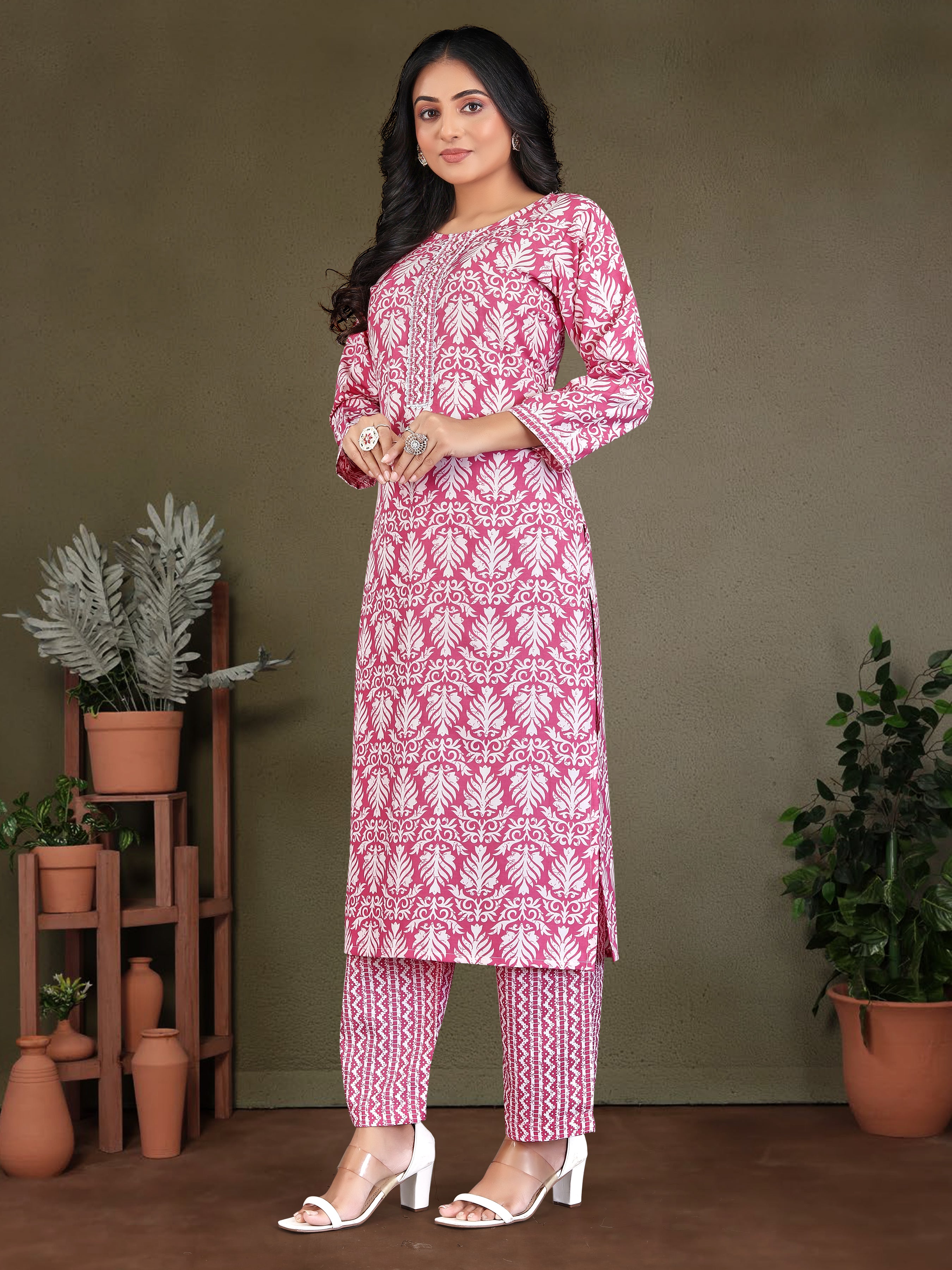 Pink Pure Cambric  Cotton 3 Pcs Suit