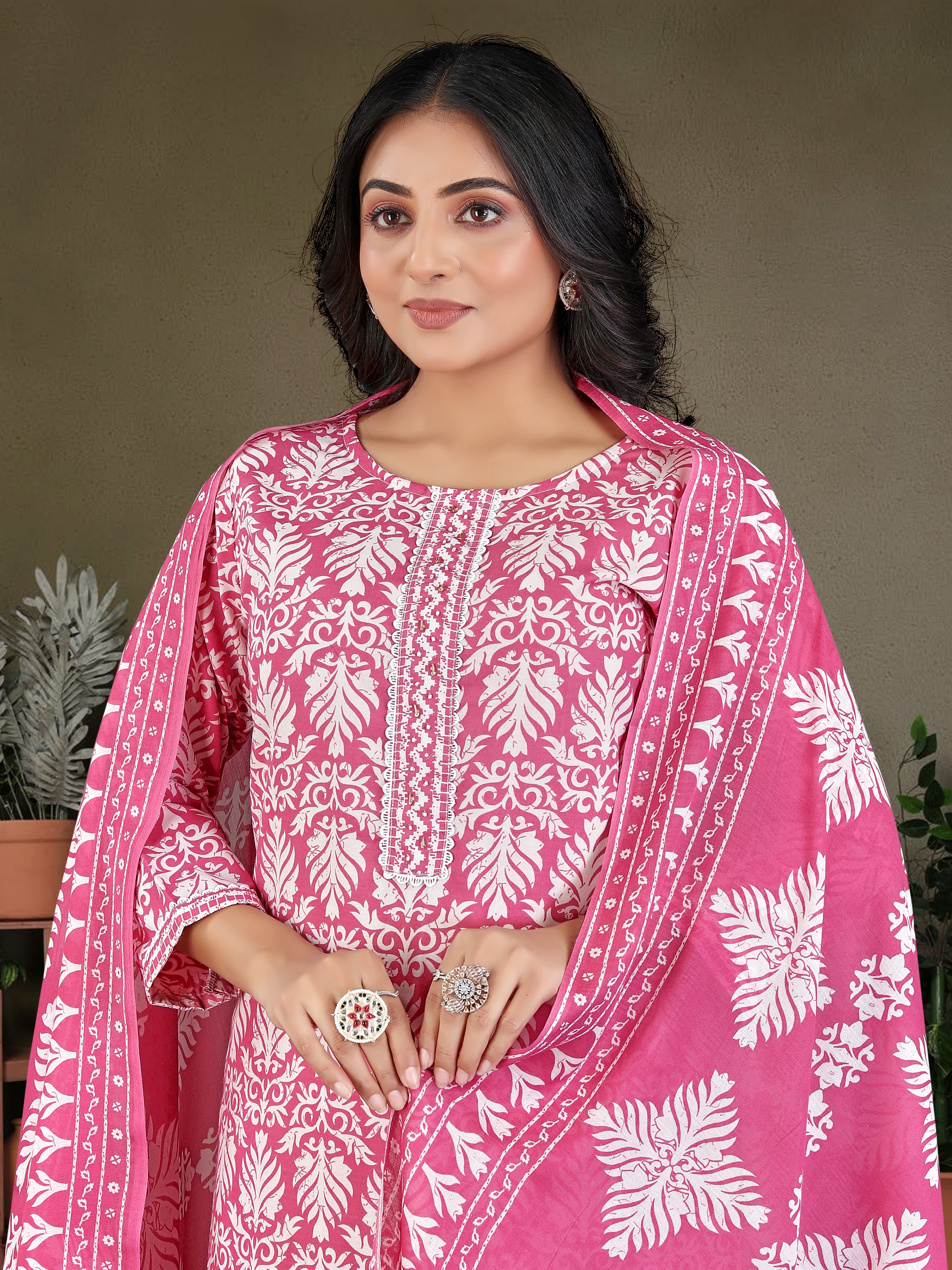 Pink Pure Cambric  Cotton 3 Pcs Suit