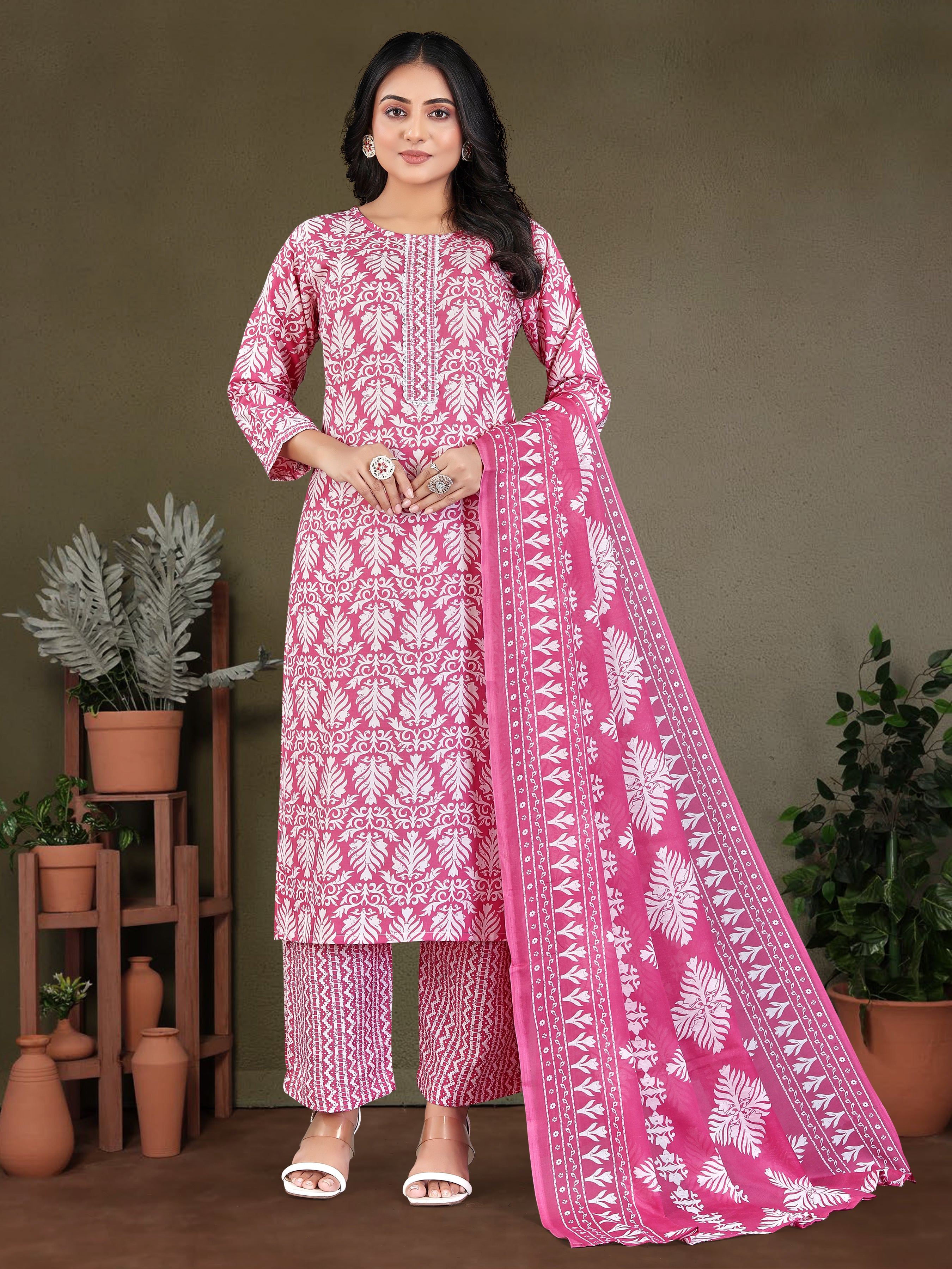 Pink Pure Cambric  Cotton 3 Pcs Suit