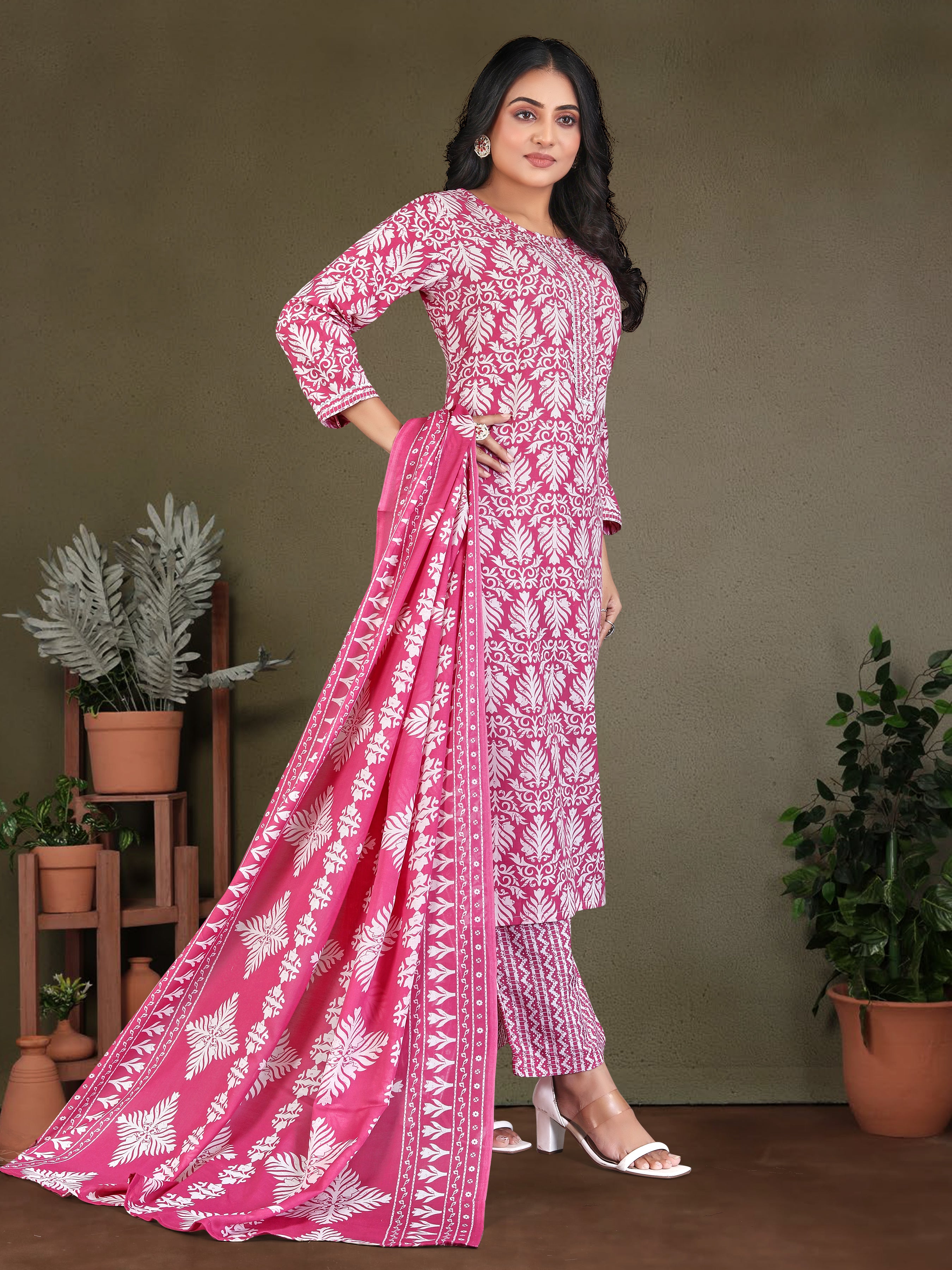 Pink Pure Cambric  Cotton 3 Pcs Suit