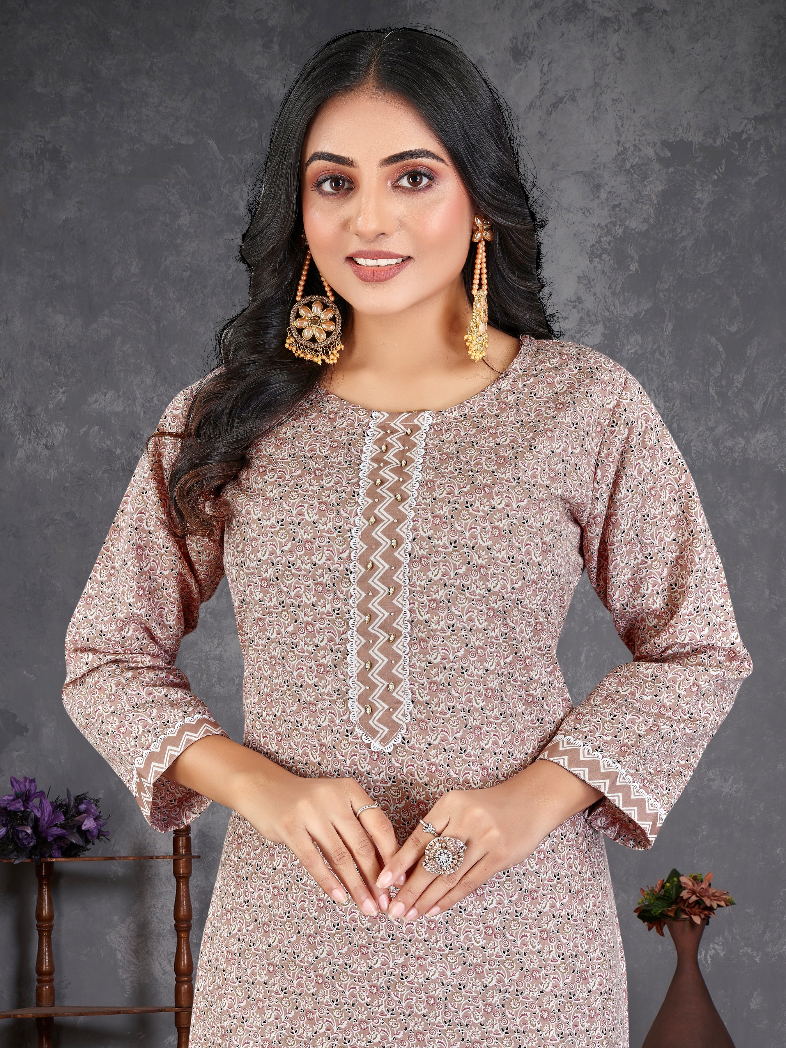 Brown Pure Cambric  Cotton 3 Pcs Suit