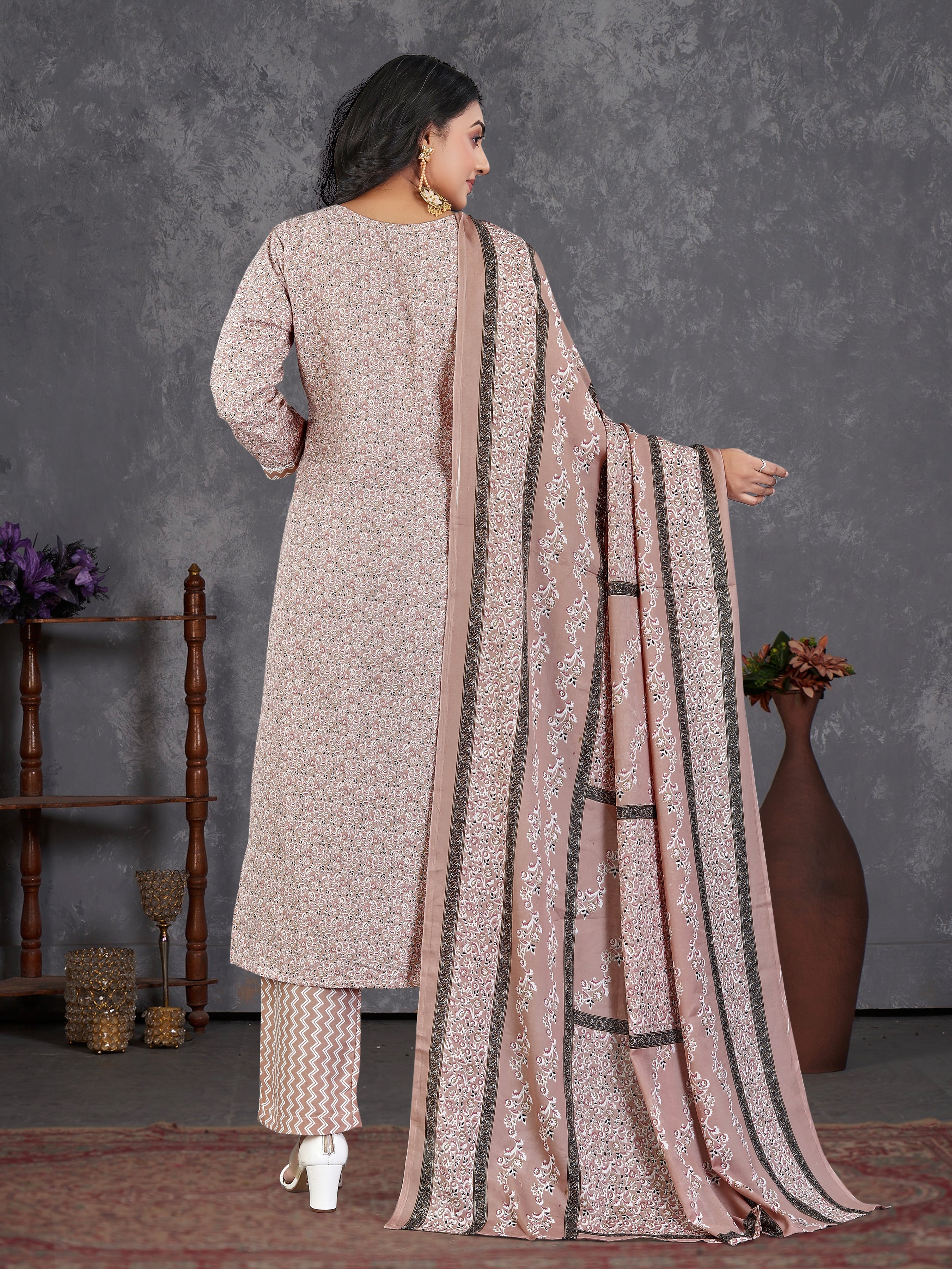 Brown Pure Cambric  Cotton 3 Pcs Suit