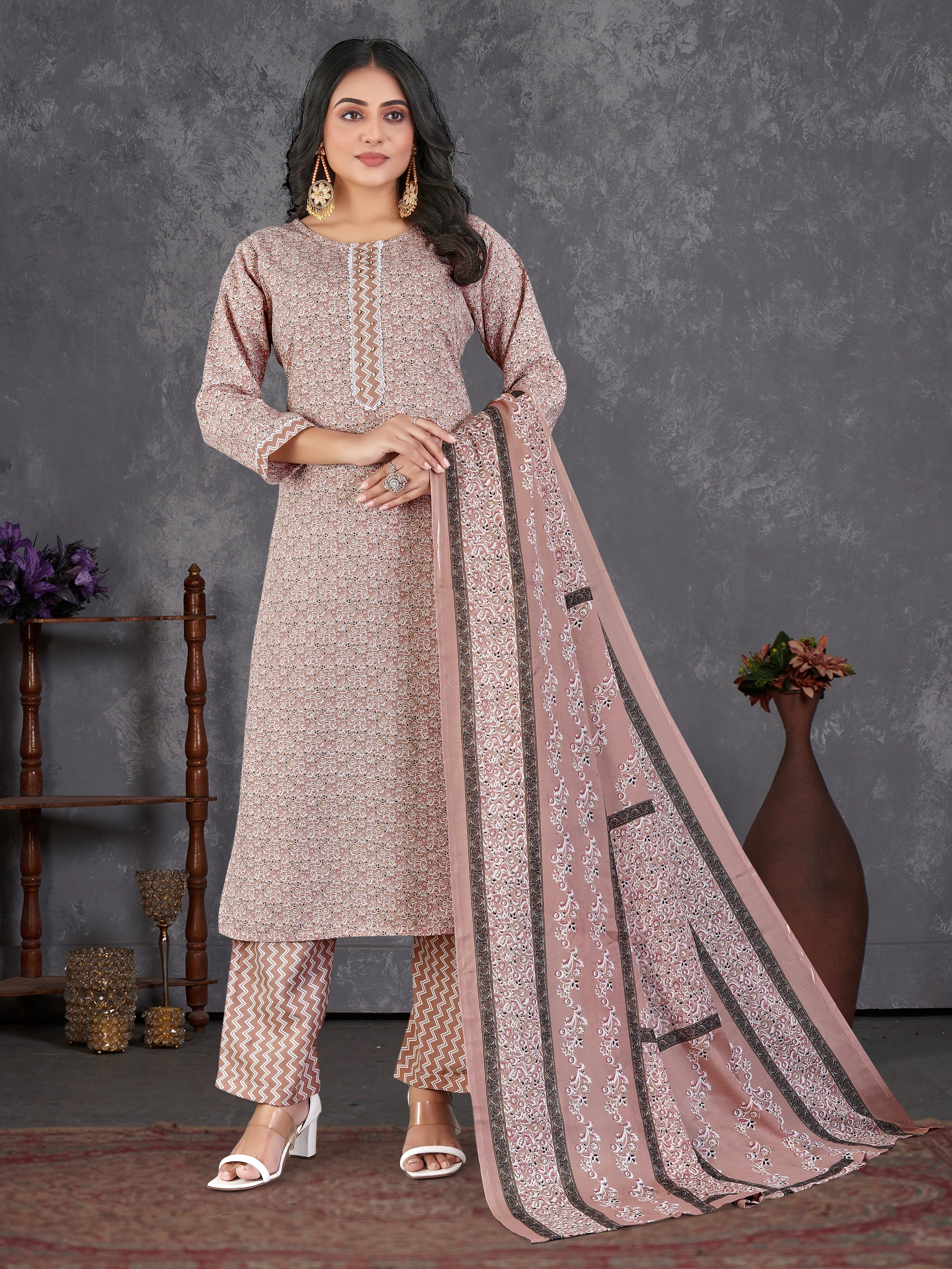 Brown Pure Cambric  Cotton 3 Pcs Suit