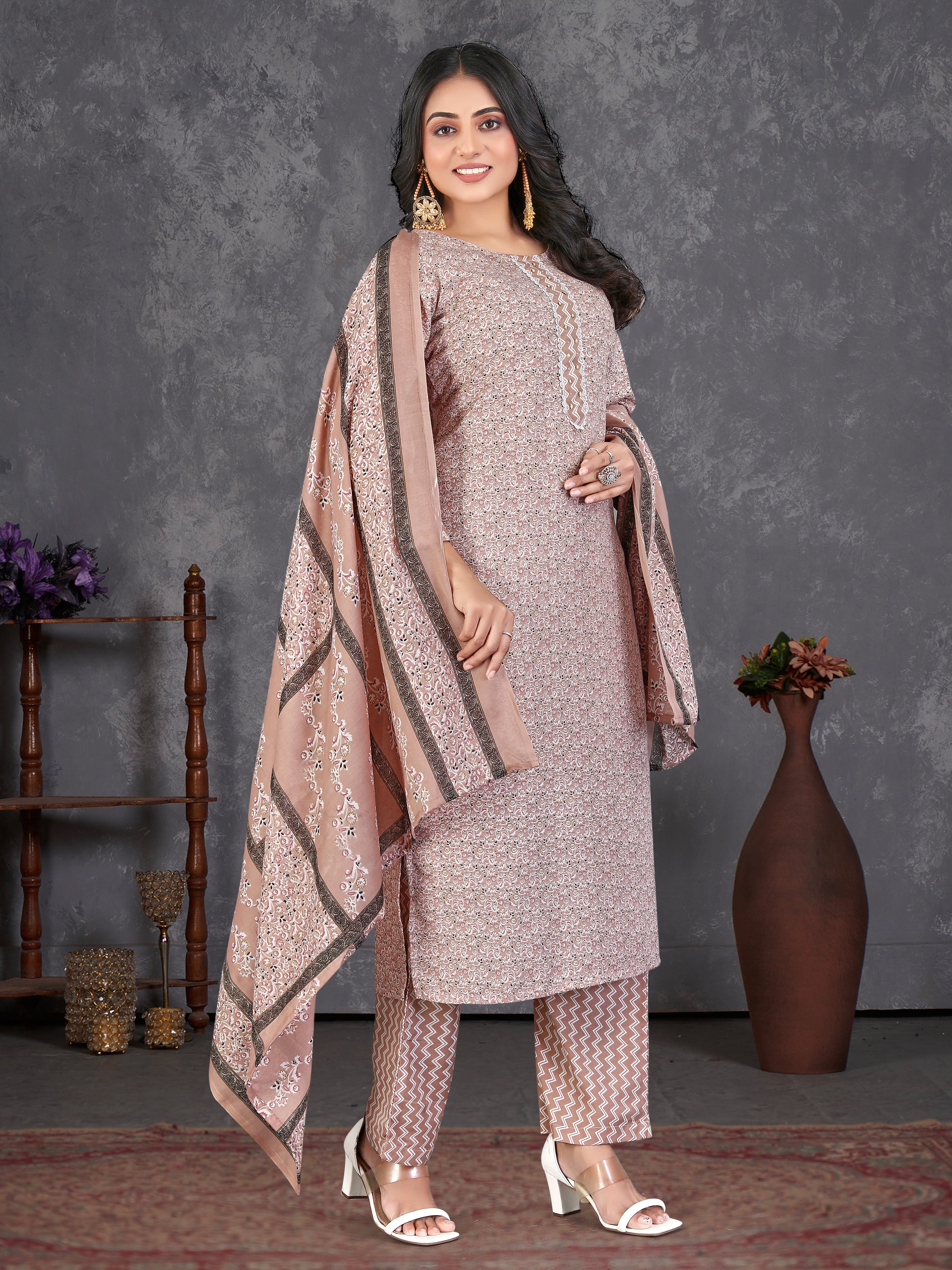 Brown Pure Cambric  Cotton 3 Pcs Suit