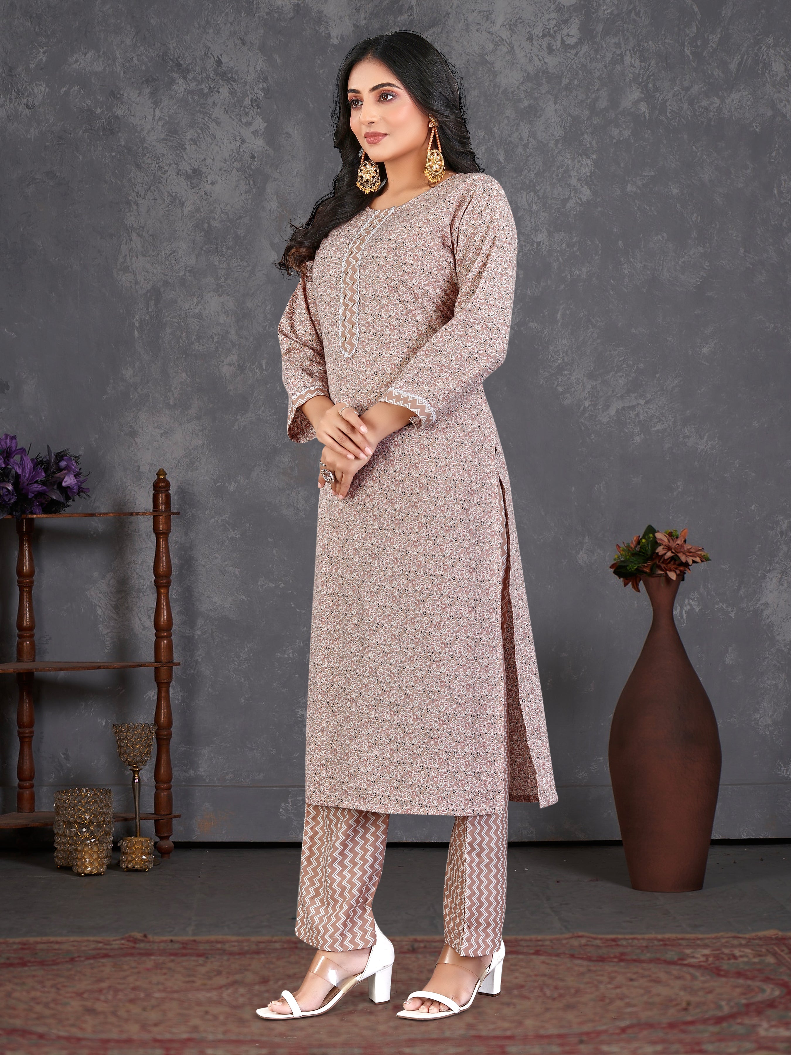 Brown Pure Cambric  Cotton 3 Pcs Suit